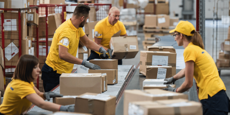 Postal workers sort parcels on a line in a distribution centre